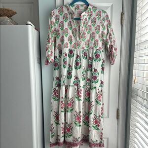 Pink and Green Puff Sleeve Tunic  Sundress with Mandarin Collar